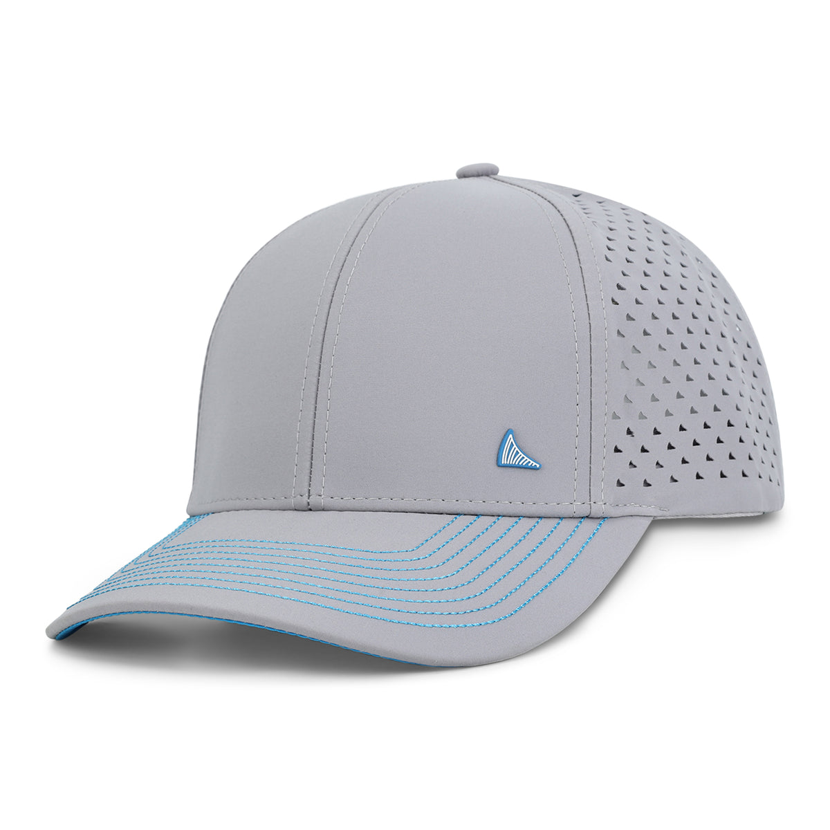 THE GLACIER curved snapback - grey panels with blue brim, front view