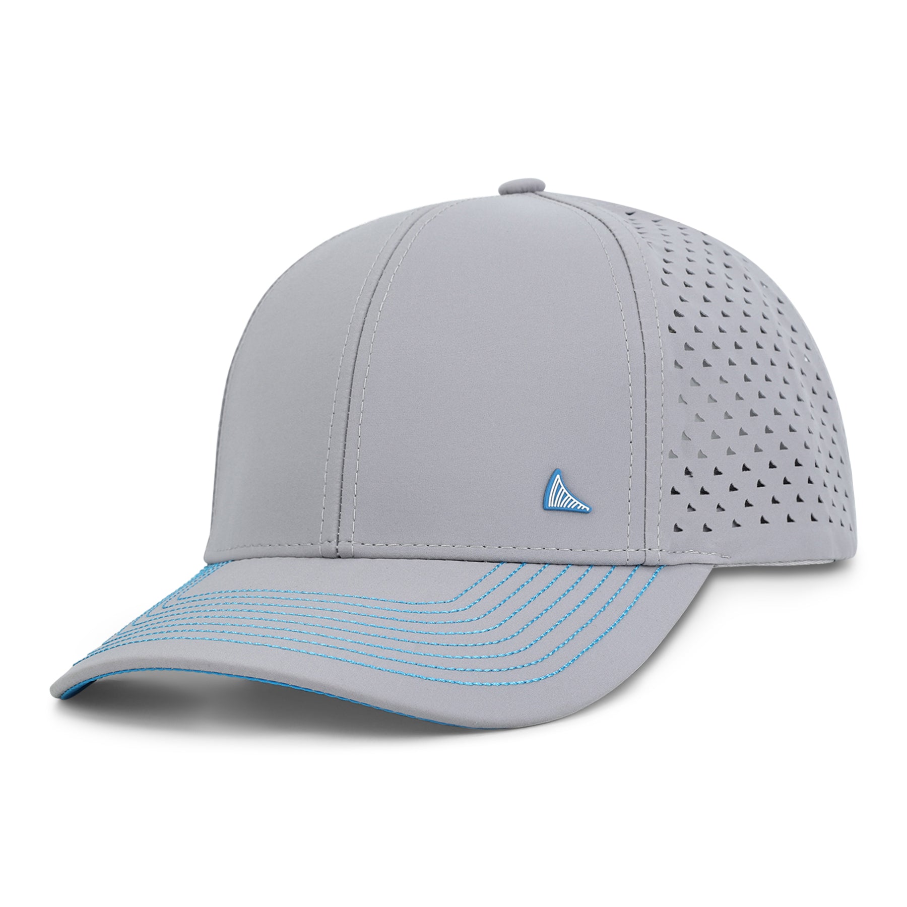 THE GLACIER curved snapback - grey panels with blue brim, front view
