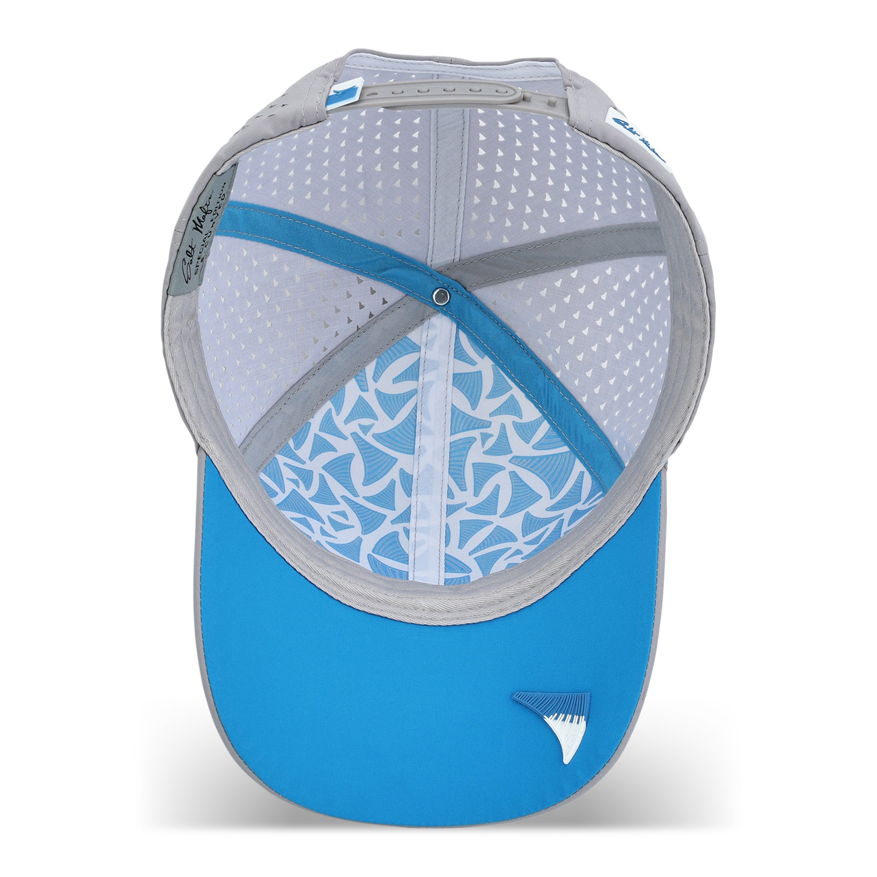 THE GLACIER curved snapback - interior view showing blue underbrim and branded lining